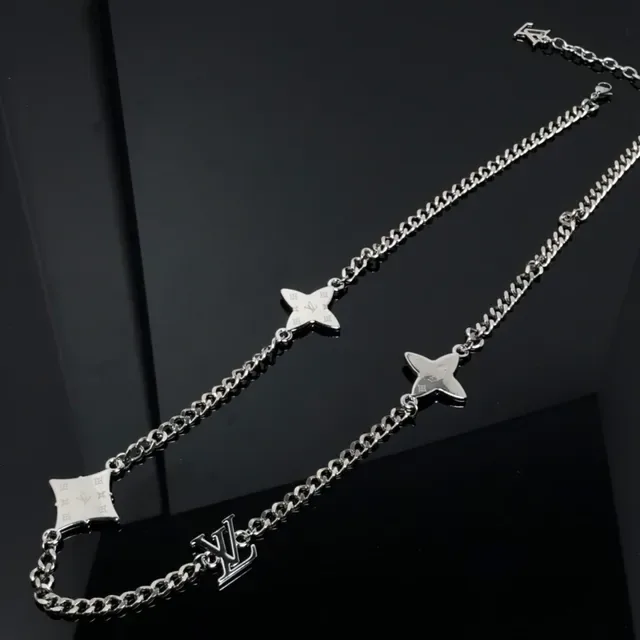 Louis Vuitton Silver Blue Curb Chain Enamel Monogram Stars Necklace 2