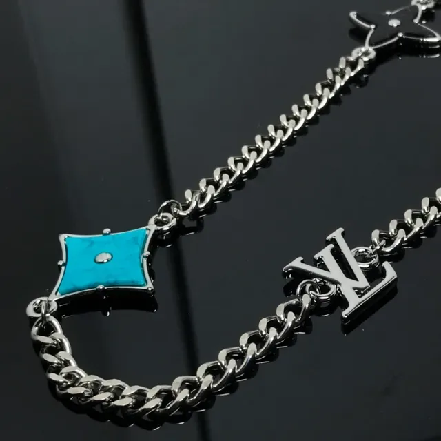 Louis Vuitton Silver Blue Curb Chain Enamel Monogram Stars Necklace 4