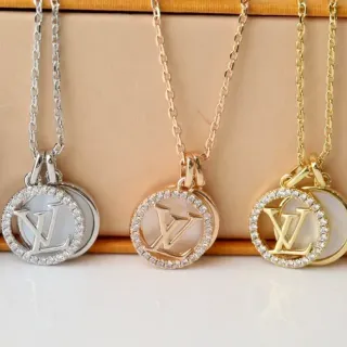 Louis Vuitton Silver Gold Circular Pendant Mother-of-Pearl Inlay Necklace
