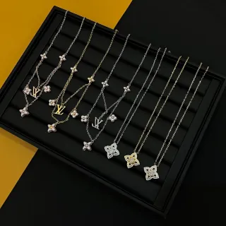 Louis Vuitton Silver Gold Floral Quatrefoil Pendants Monogram Charms Necklace