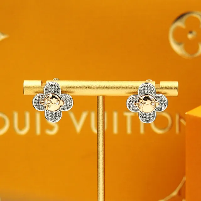 Louis Vuitton Silver Gold Four-Petal Clover Silhouette Pavé Crystal Setting Earrings 3