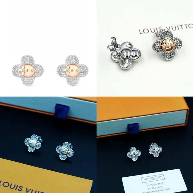 Louis Vuitton Silver Gold Four-Petal Clover Silhouette Pavé Crystal Setting Earrings 9
