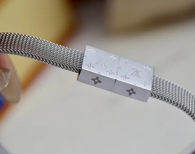 Louis Vuitton Silver Mesh Band Monogram Motifs Bracelet 6