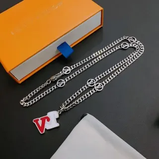 Louis Vuitton Silver Red Curb Chain Enamel Pendant Necklace