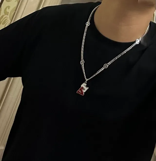 Louis Vuitton Silver Red Curb Chain Enamel Pendant Necklace 7