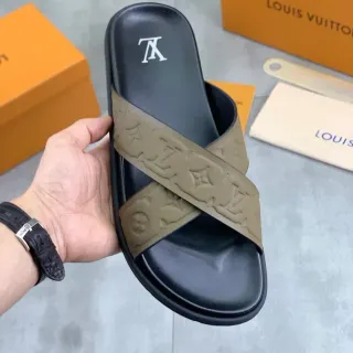 Louis Vuitton Slide Black Beige Crossed Monogrammed Straps Molded Rubber Sole Slippers