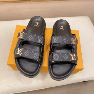 Louis Vuitton Slide Black Gold Monogram Canvas Straps LV Hardware Slippers