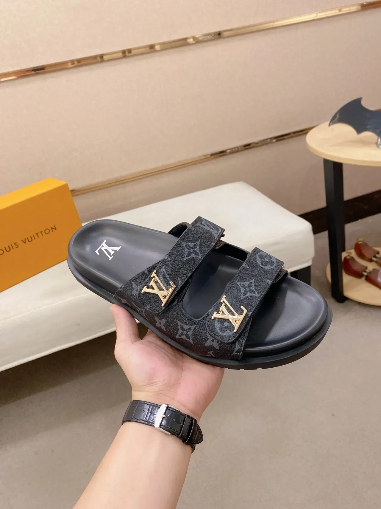 Louis Vuitton Slide Black Gold Monogram Canvas Straps LV Hardware Slippers 3