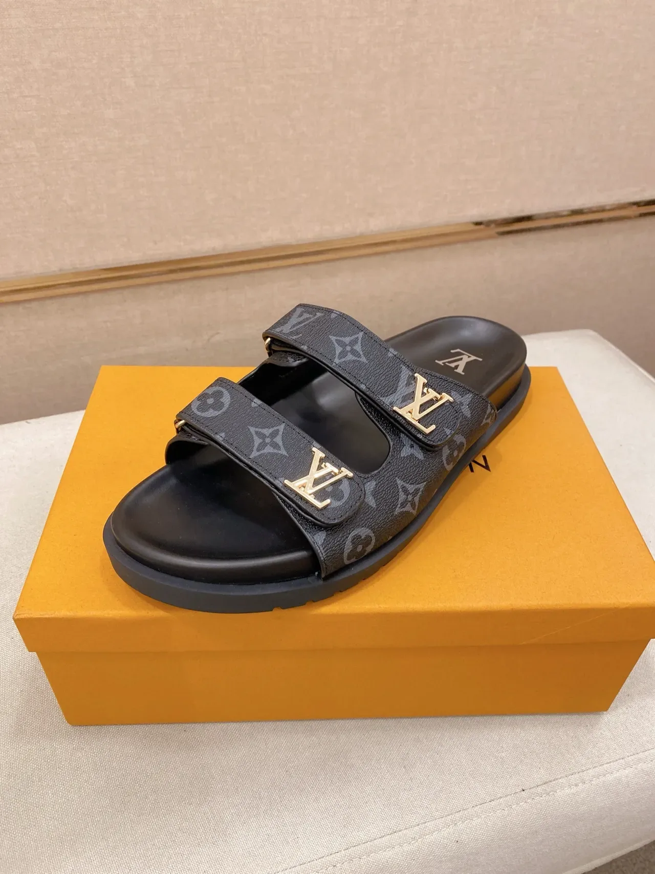 Louis Vuitton Slide Black Gold Monogram Canvas Straps LV Hardware Slippers 4