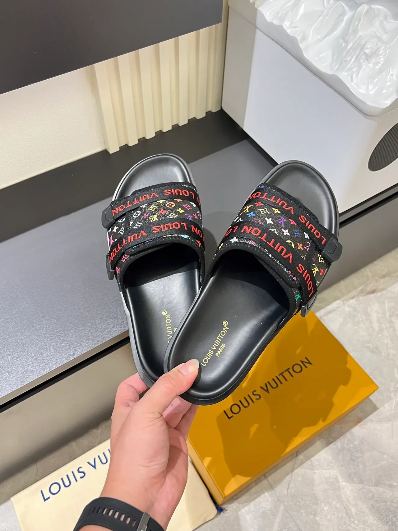 Louis Vuitton Slide Black Multicolor Dual-Strap Monogram-Printed Straps Slippers 6