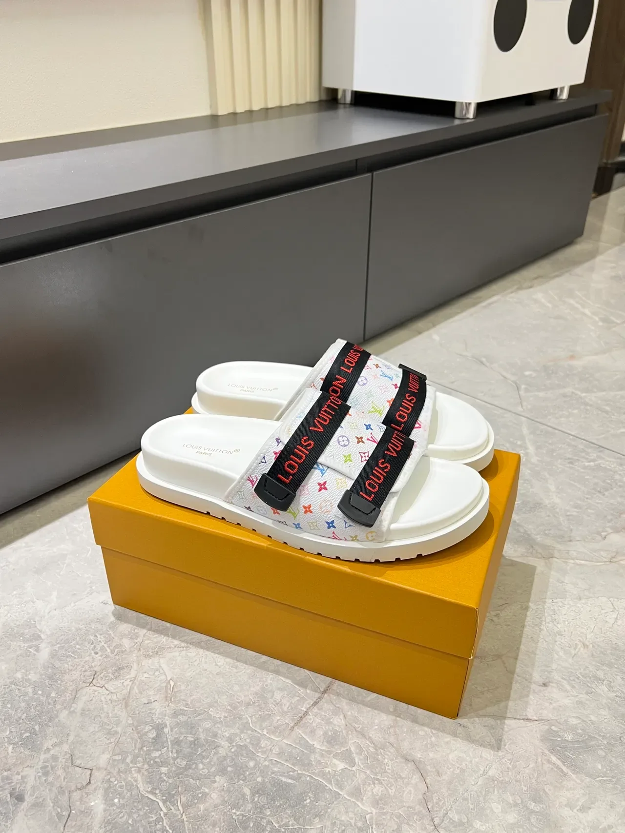 Louis Vuitton Slide Black Multicolor Dual-Strap Monogram-Printed Straps Slippers 13