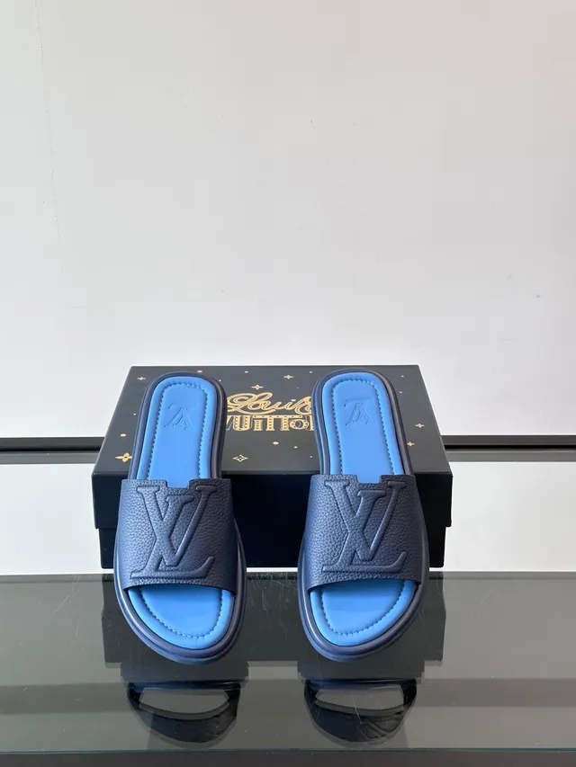 Louis Vuitton Slide Blue White Molded Rubber Sole Embossed Monogram Strap Slippers 8