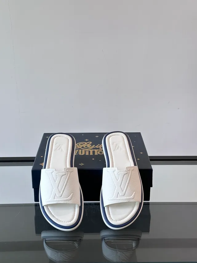 Louis Vuitton Slide Blue White Molded Rubber Sole Embossed Monogram Strap Slippers 9