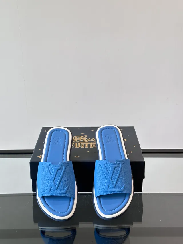 Louis Vuitton Slide Blue White Molded Rubber Sole Embossed Monogram Strap Slippers 12