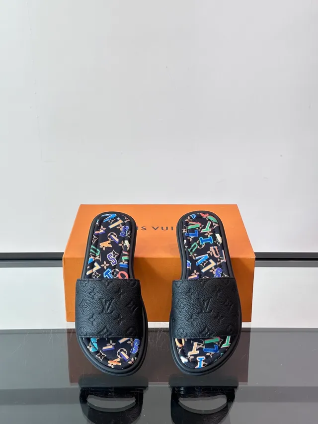 Louis Vuitton Slide Blue White Molded Rubber Sole Embossed Monogram Strap Slippers 13