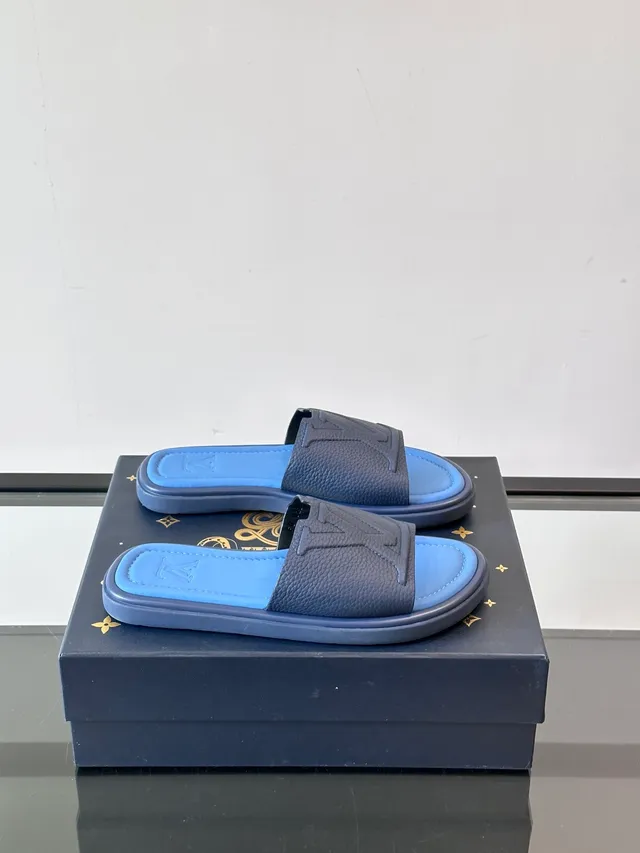 Louis Vuitton Slide Blue White Molded Rubber Sole Embossed Monogram Strap Slippers 14
