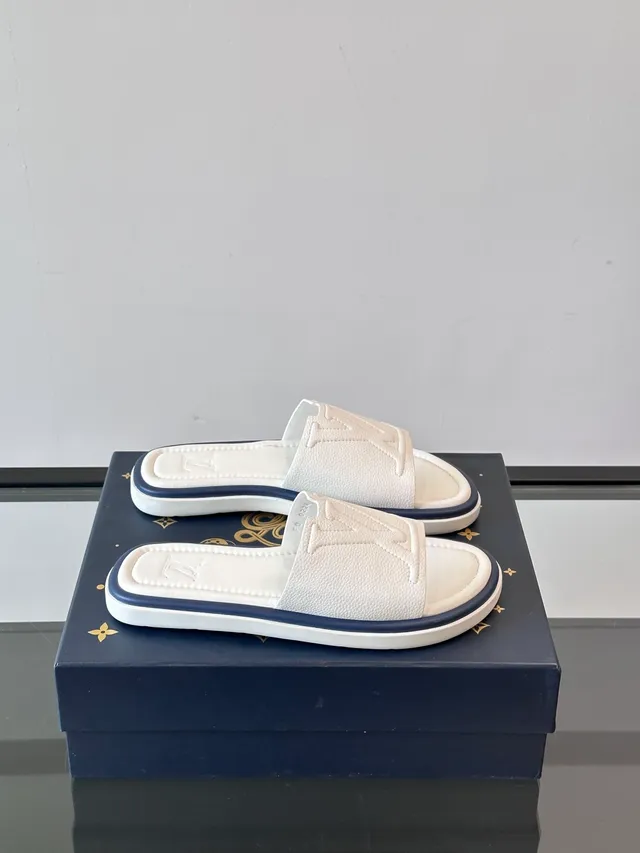 Louis Vuitton Slide Blue White Molded Rubber Sole Embossed Monogram Strap Slippers 15