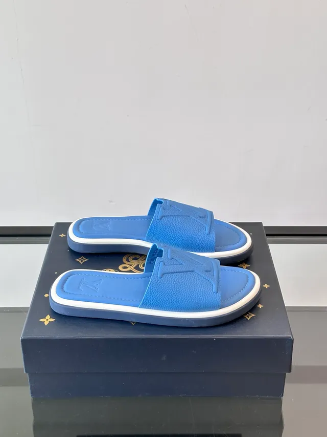 Louis Vuitton Slide Blue White Molded Rubber Sole Embossed Monogram Strap Slippers 18