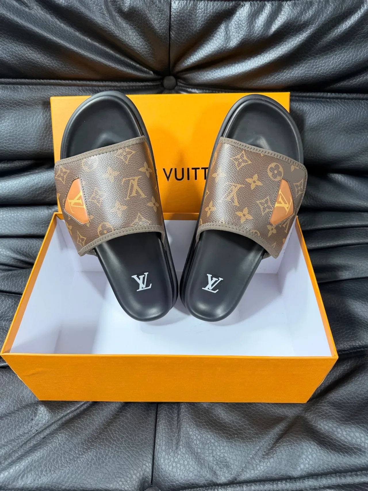 Louis Vuitton Slide Brown Black Monogram Canvas Leather Logo Patch Slippers 3