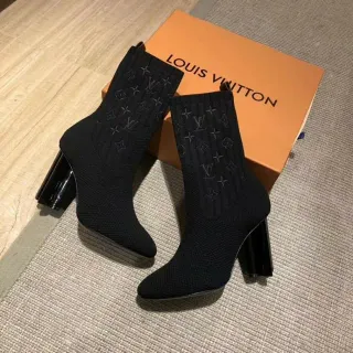 Louis Vuitton Sock Boots Black Ribbed Knit Monogram-Embossed Ankle Boots