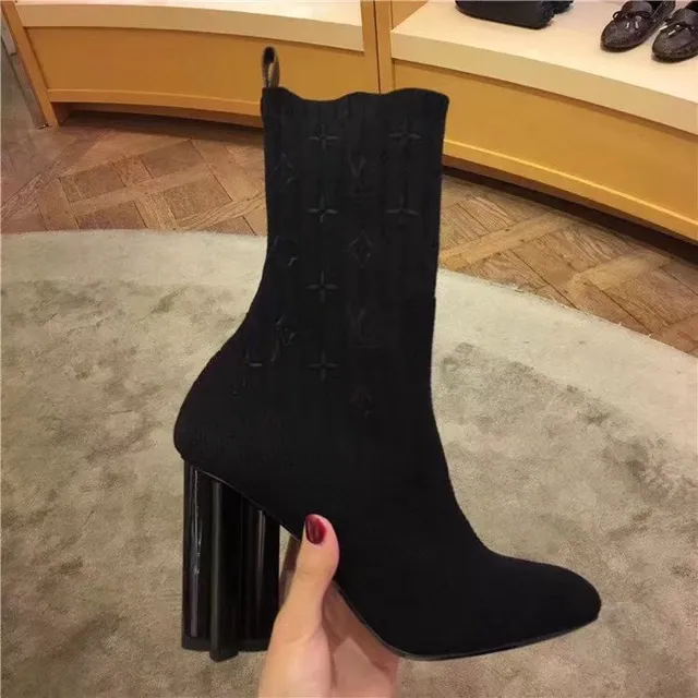 Louis Vuitton Sock Boots Black Ribbed Knit Monogram-Embossed Ankle Boots 2