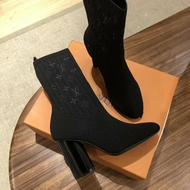 Louis Vuitton Sock Boots Black Ribbed Knit Monogram-Embossed Ankle Boots 4