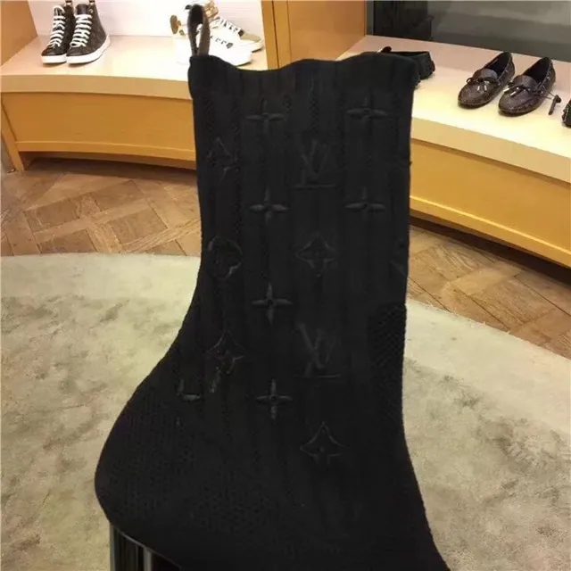 Louis Vuitton Sock Boots Black Ribbed Knit Monogram-Embossed Ankle Boots 6