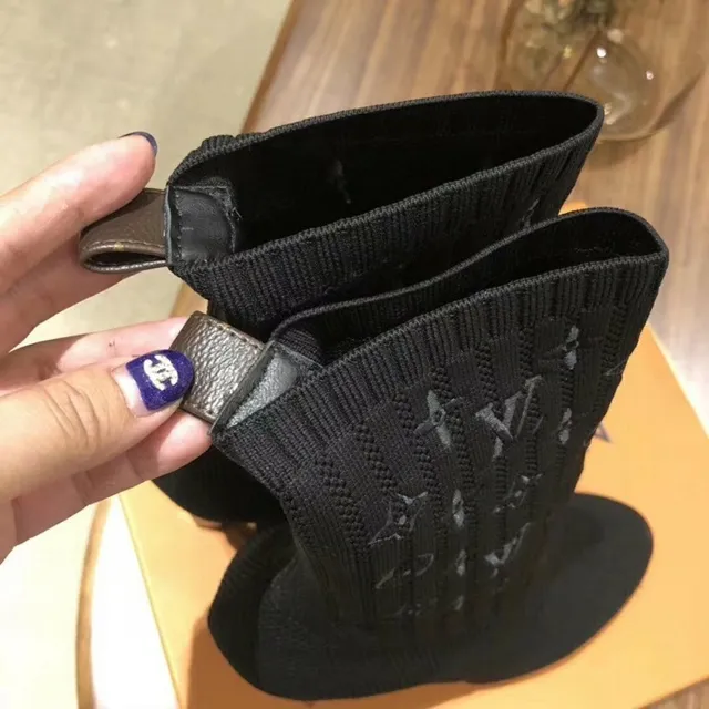 Louis Vuitton Sock Boots Black Ribbed Knit Monogram-Embossed Ankle Boots 8