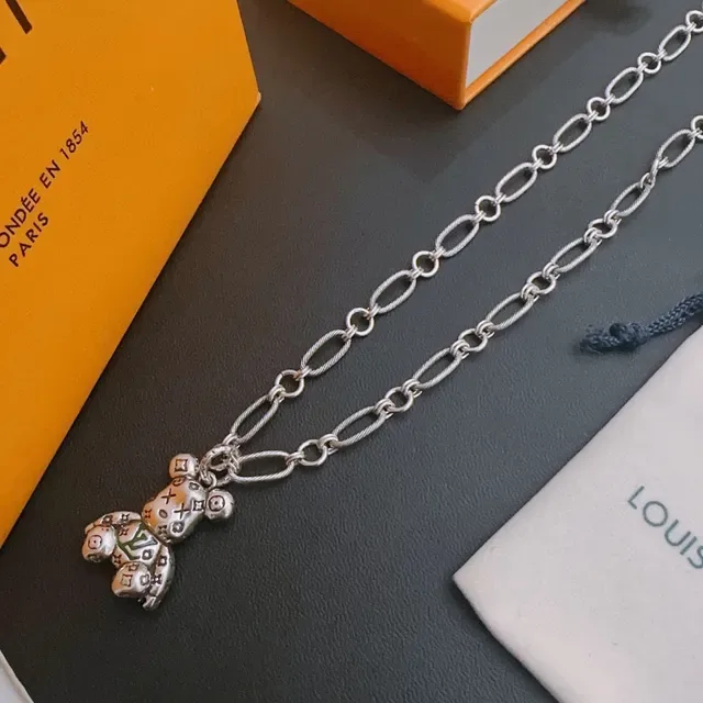Louis Vuitton Teddy Bear Monogram Enamel Silver Necklace 3