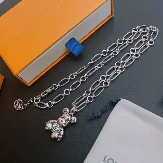 Louis Vuitton Teddy Bear Monogram Enamel Silver Necklace 9