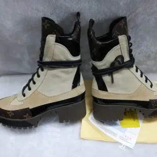 Louis Vuitton Trekking Boot Beige Monogram Suede and Patent Ankle Boots