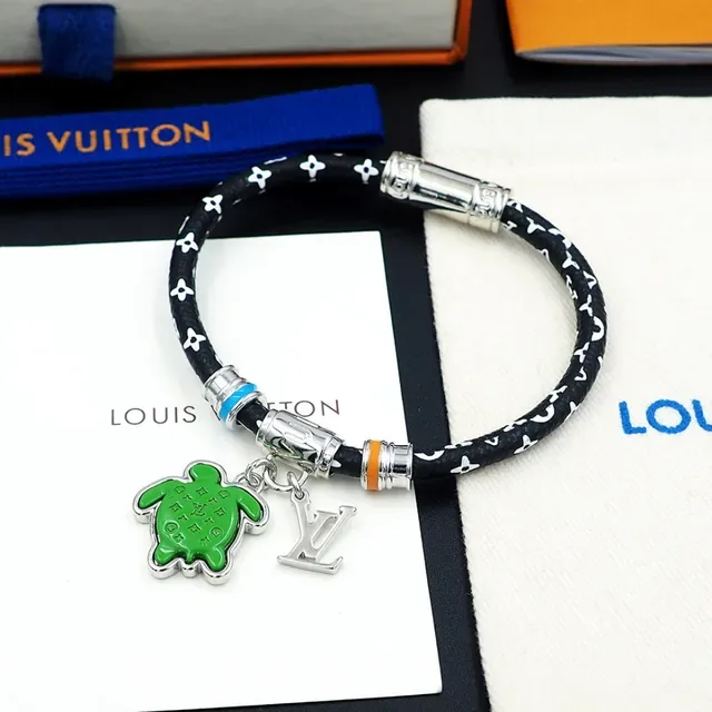 Louis Vuitton Turtle Charm Black Green Cord Enamel Bracelet 2