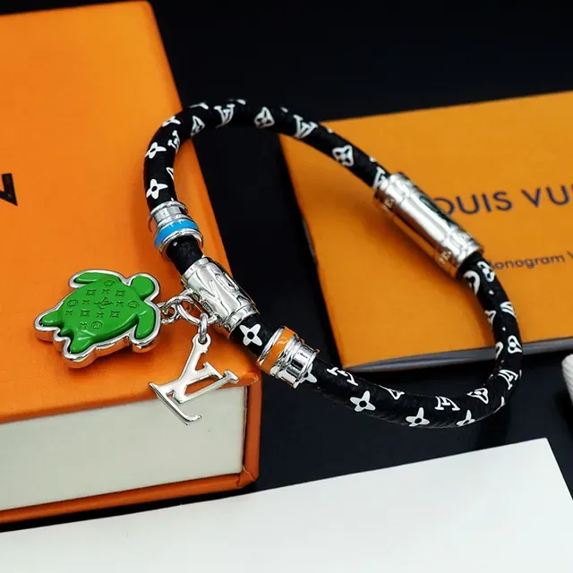 Louis Vuitton Turtle Charm Black Green Cord Enamel Bracelet 3