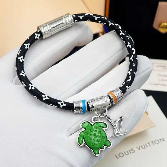 Louis Vuitton Turtle Charm Black Green Cord Enamel Bracelet 5