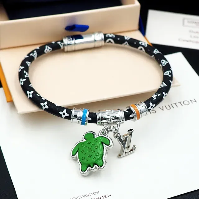 Louis Vuitton Turtle Charm Black Green Cord Enamel Bracelet 6