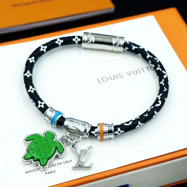 Louis Vuitton Turtle Charm Black Green Cord Enamel Bracelet 7