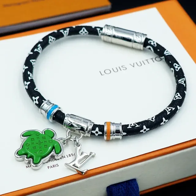 Louis Vuitton Turtle Charm Black Green Cord Enamel Bracelet 8