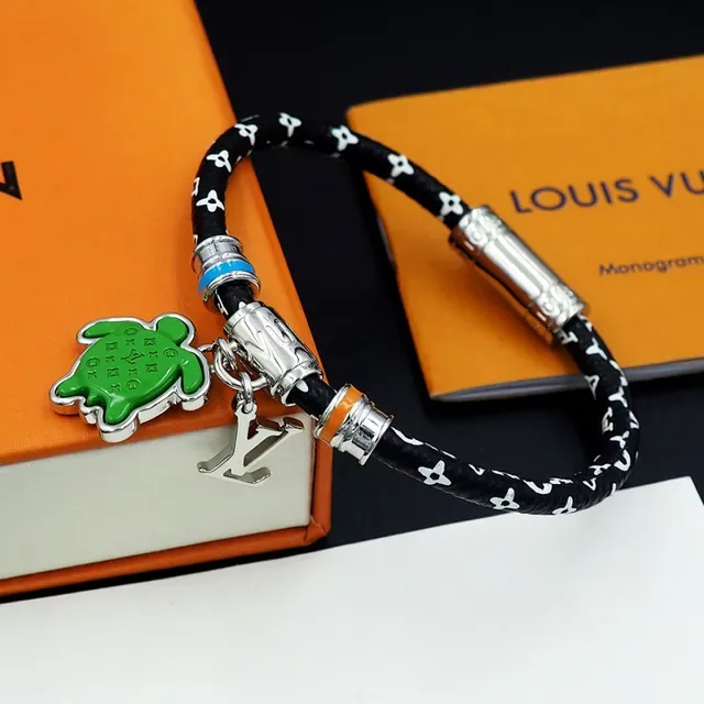 Louis Vuitton Turtle Charm Black Green Cord Enamel Bracelet 10