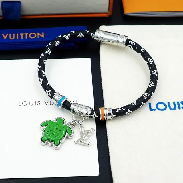 Louis Vuitton Turtle Charm Black Green Cord Enamel Bracelet 11