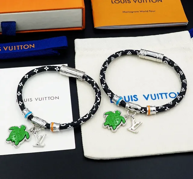 Louis Vuitton Turtle Charm Black Green Cord Enamel Bracelet 12