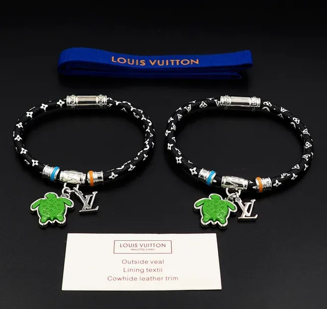 Louis Vuitton Turtle Charm Black Green Cord Enamel Bracelet 13