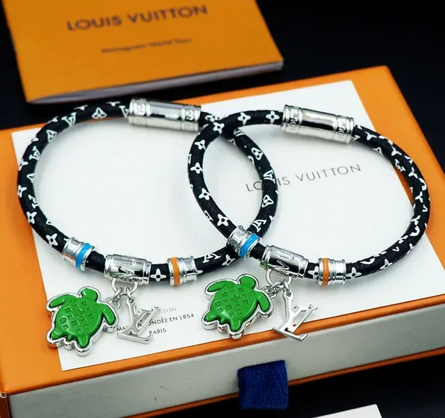 Louis Vuitton Turtle Charm Black Green Cord Enamel Bracelet 14