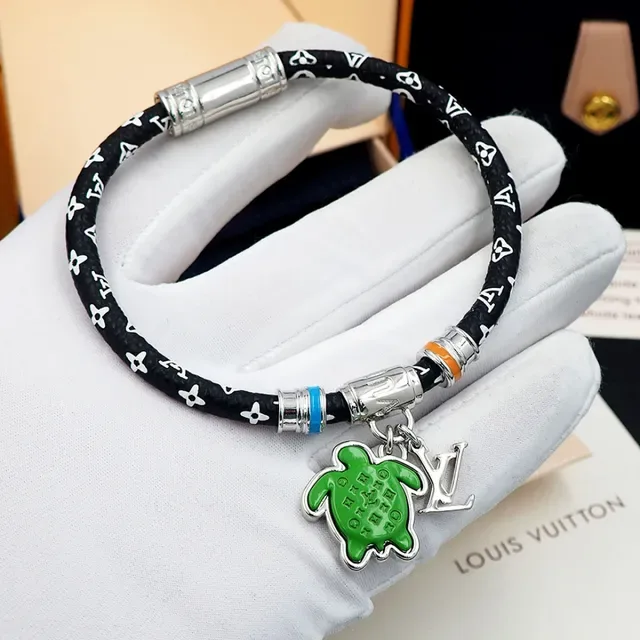 Louis Vuitton Turtle Charm Black Green Cord Enamel Bracelet 15