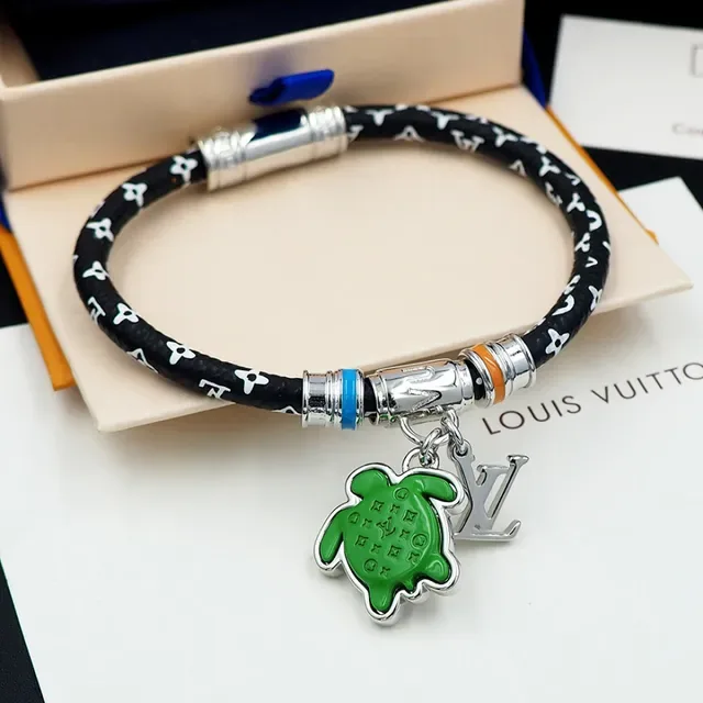 Louis Vuitton Turtle Charm Black Green Cord Enamel Bracelet 16