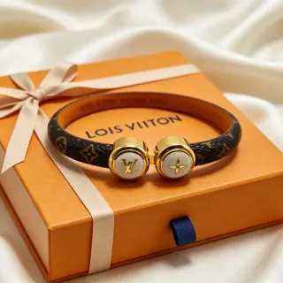 Louis Vuitton Twist Bracelet Black Monogram Leather Gold Tone Mother-of-Pearl Inlay Bracelet