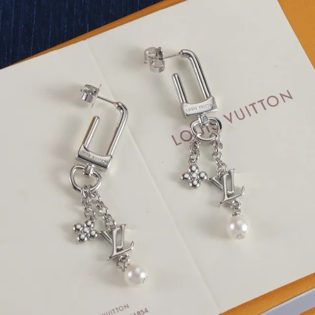 Louis Vuitton U-Shaped Dangling LV Monogram Pearl Earrings 2