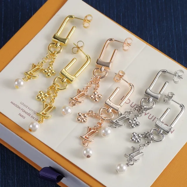 Louis Vuitton U-Shaped Dangling LV Monogram Pearl Earrings 6