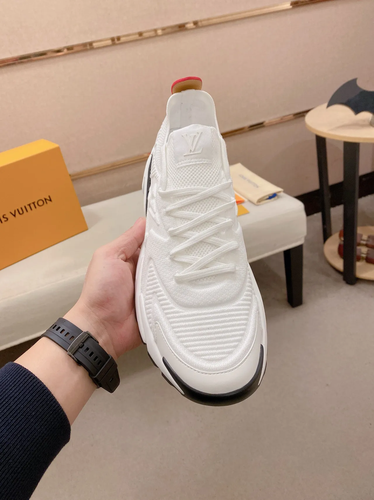 Louis Vuitton White Black Sculpted Sole Embossed Monogram Knit Upper Chunky Sneakers 2