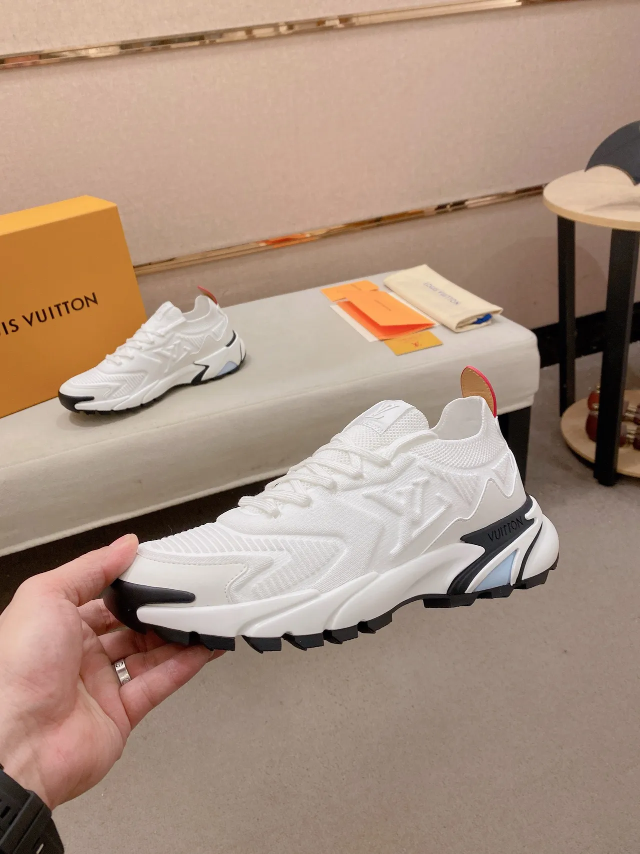Louis Vuitton White Black Sculpted Sole Embossed Monogram Knit Upper Chunky Sneakers 3