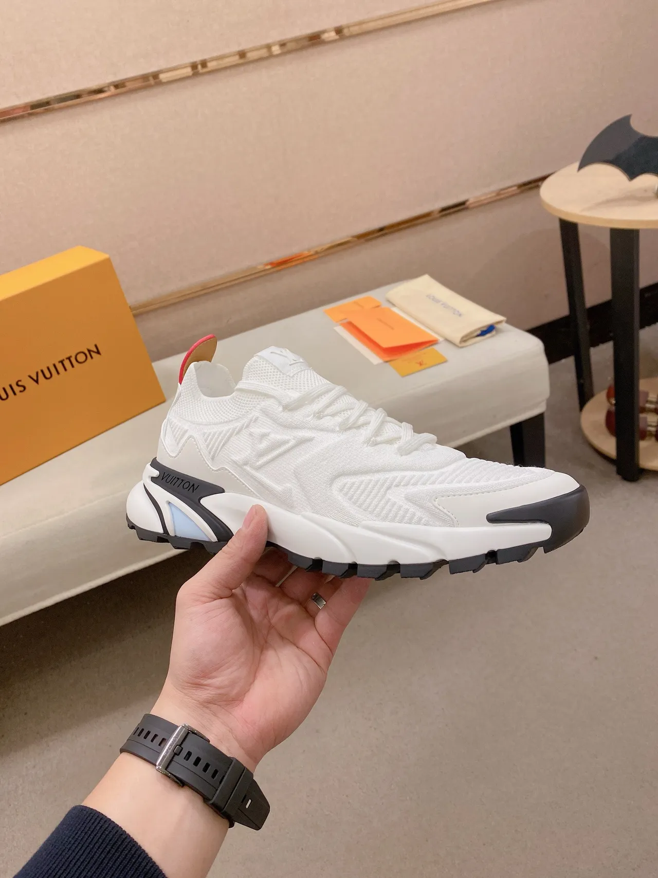 Louis Vuitton White Black Sculpted Sole Embossed Monogram Knit Upper Chunky Sneakers 4